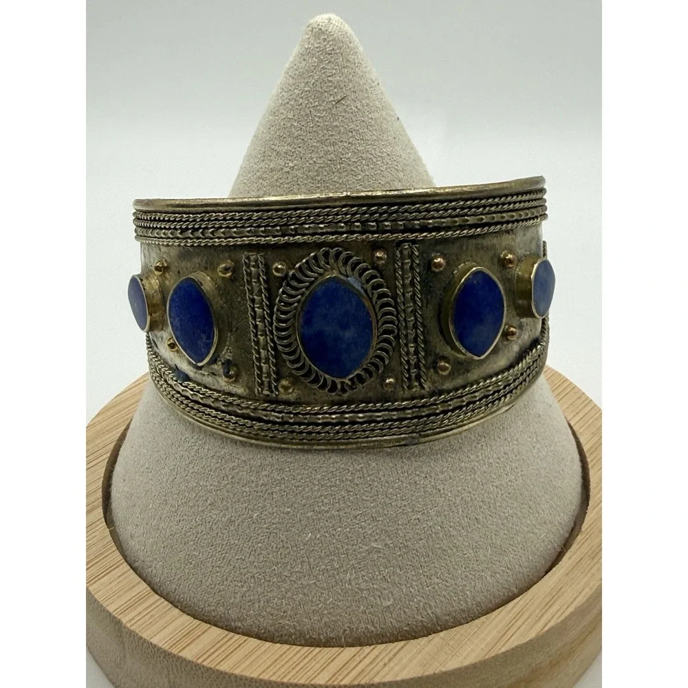 Vintage Silver Cuff Bracelet Afghan Tribal Blue Lapis Lazuli Stone Boho 7